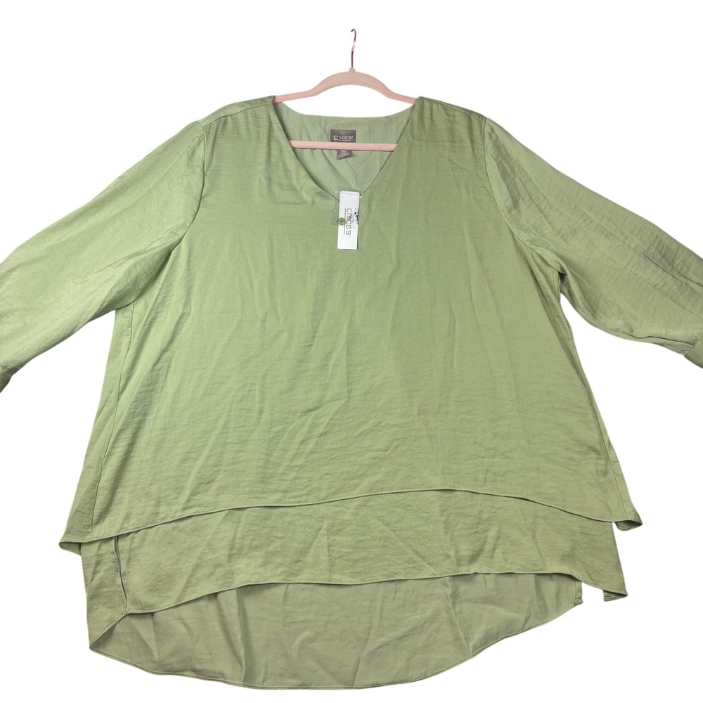 Chico's Split Back Layered Tunic Women 3 Green NEW 3/4 Sleeve V-Neck